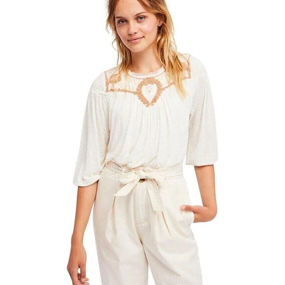 Free People Tops - Free People Begonia Tee Embroidered Blouse Top Peasant Flowy Textured XS 220430